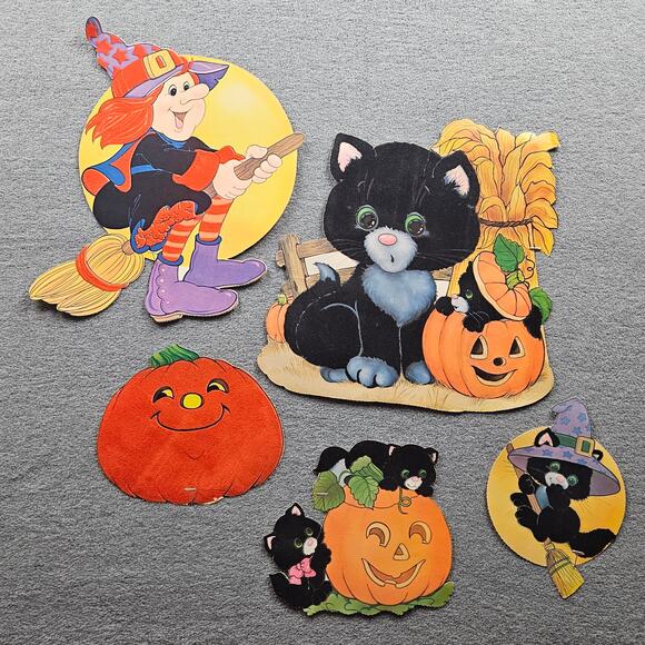 5 pc VTG Flocked Halloween Paper Decor Pumpkin Black Cat Witch Jack-o-loantern - Picture 1 of 7
